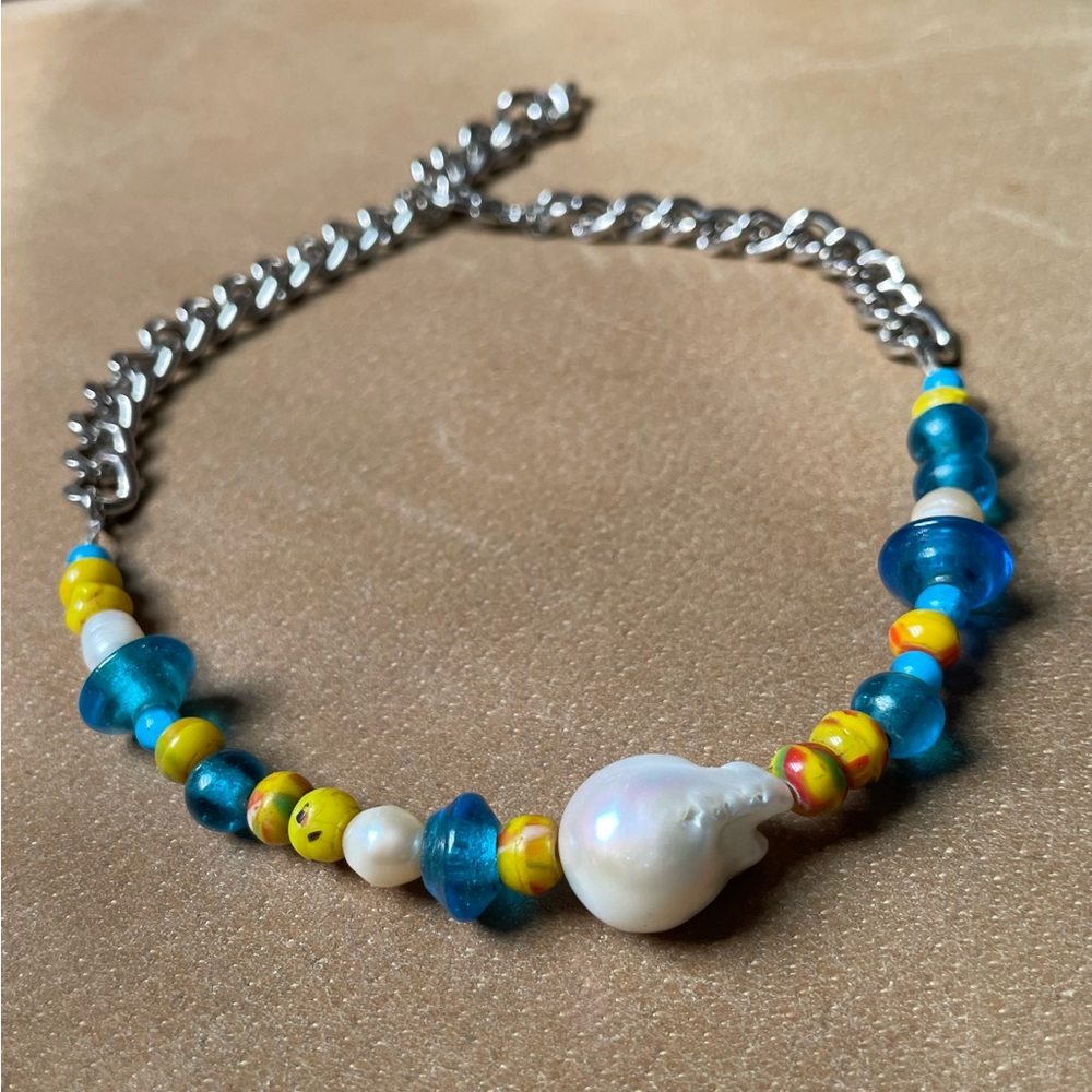 Genuine baroque pearl glass vintage bead mix yellow white blue silver curb chain